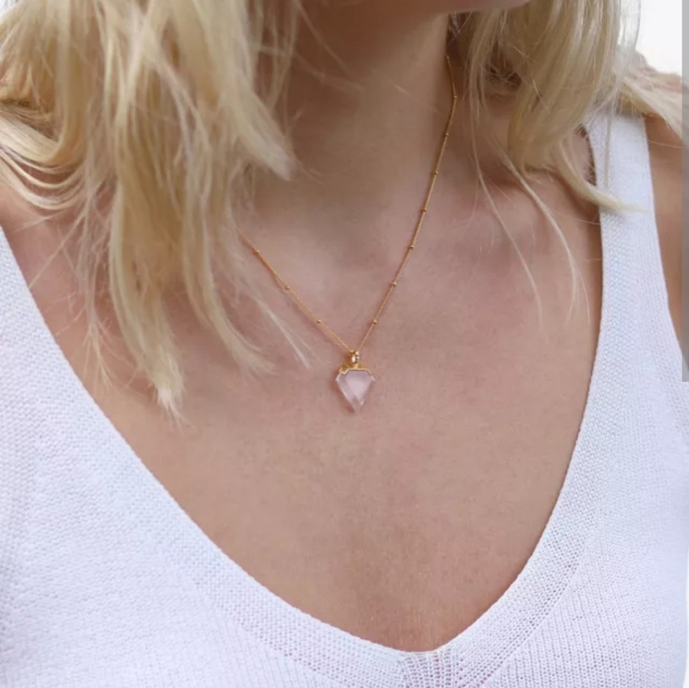 Missoma Rose Quartz Shield Pendant and Gold Beaded Chain - Gold/Pink